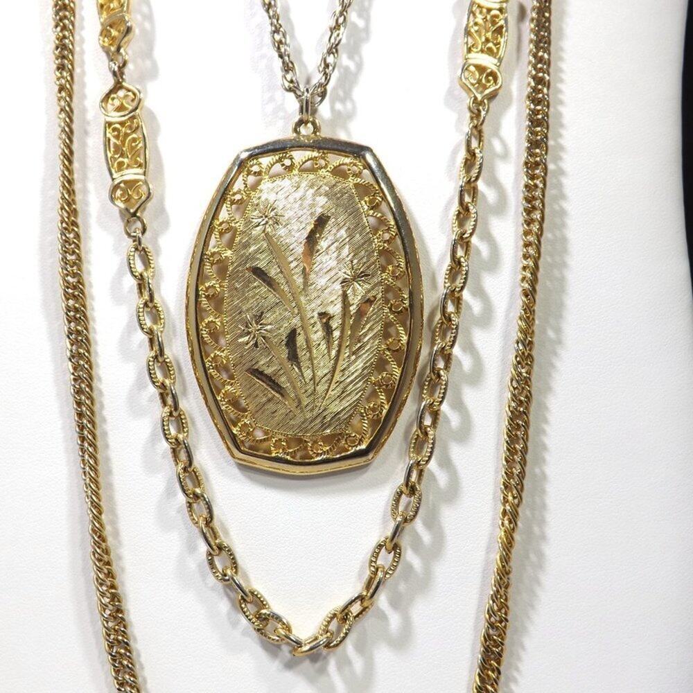 Vintage 1960s Gold Plated Triple Strand Pendant Necklace Goldette Style